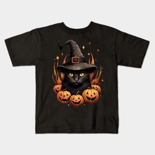Black halloween cat with pumpkins Kids T-Shirt